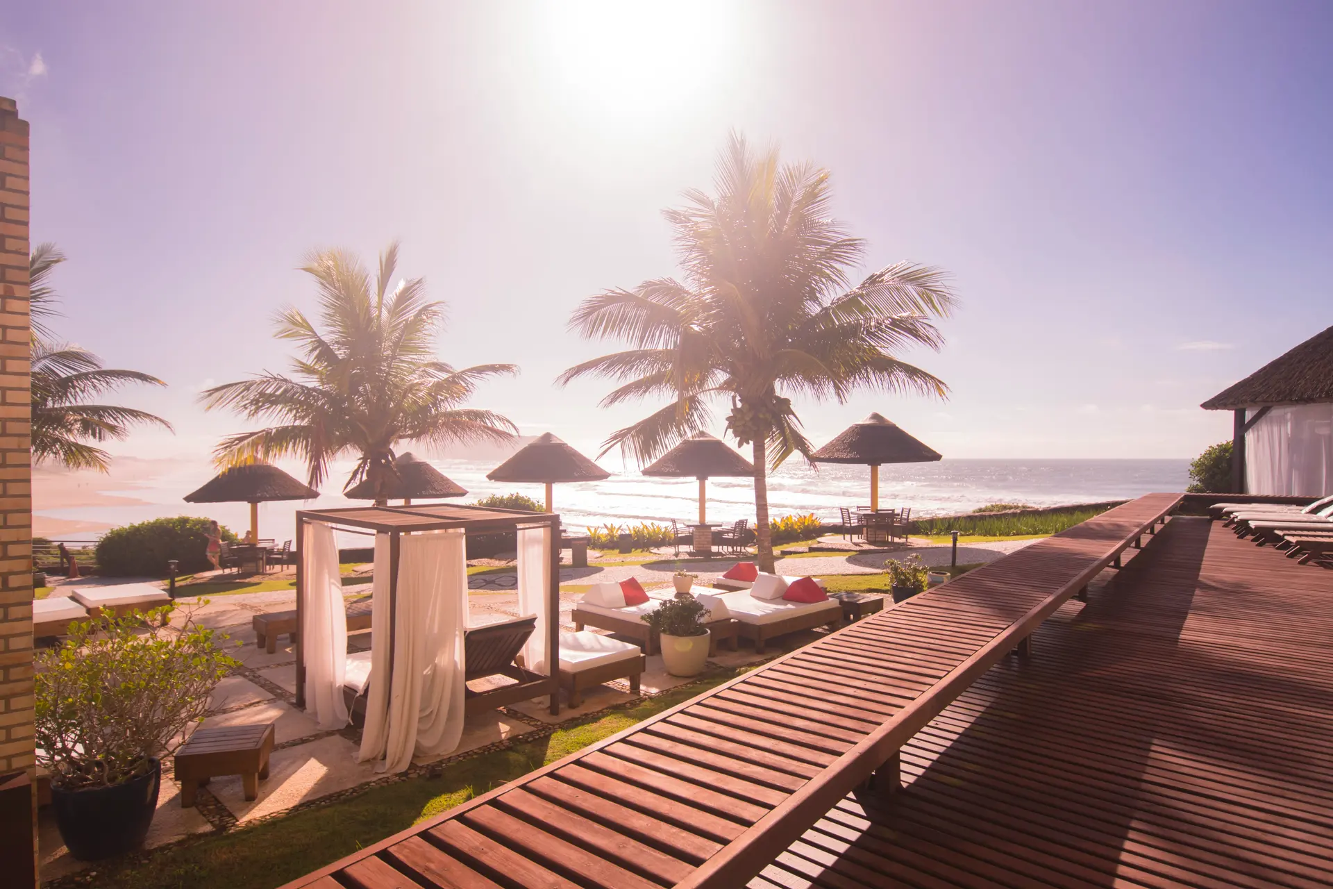Área de lazer com coqueiros e vista para o mar no Costão do Santinho, resort dos pacotes do Costão Matsuri 2027.